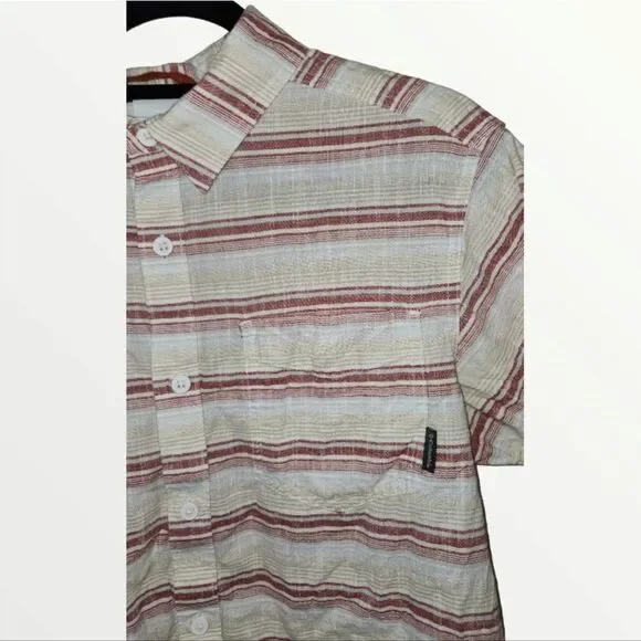 Columbia Button Up Shirt Mens Size M Short Sleeve Beige Red Gray Stripe - Picture 4 of 8